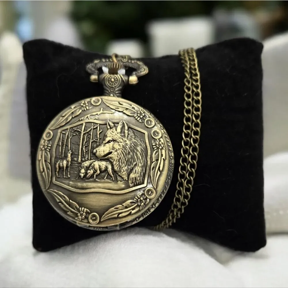 Steampunk Viking Wolf Pocket Watch Antique Bronze Norse Engraved Quartz Chain